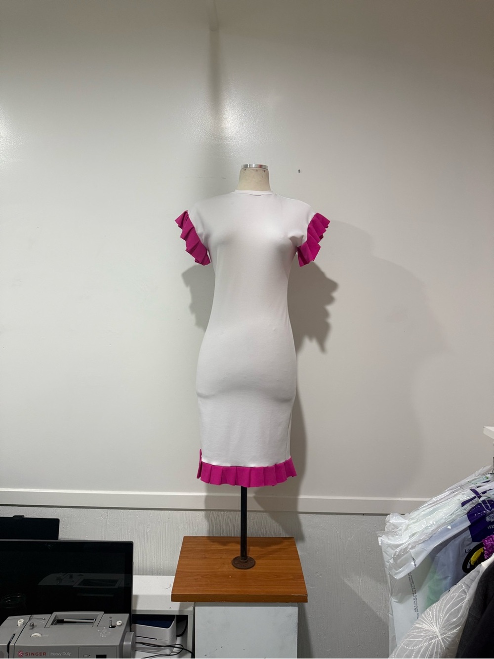 White Ribbed Dress with Fuchsia Ruffle Accents